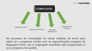 COMPILADOR
ANÁLISE LÉXICA
ANÁLISE SINTÁTICA ANÁLISE
SEMÂNTICA
GERAÇÃO DE
CÓDIGO
No processo de compilação há várias análises de erros para
saber se o programa condiz com as especificações exigidas da
linguagem fonte, isto é, linguagem escolhida pelo programador e
se o programa há sentido.
 