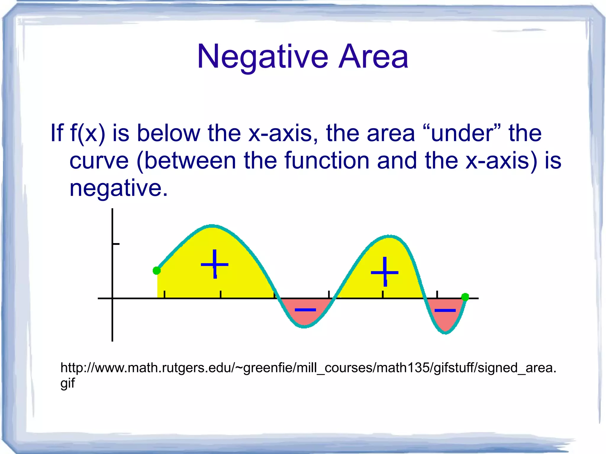 The Definite Integral If we had an infinite number of rectangles of width dx, the Riemann sum would “converge” to a specific value – the “definite integral” of f(x) for the interval a to b 