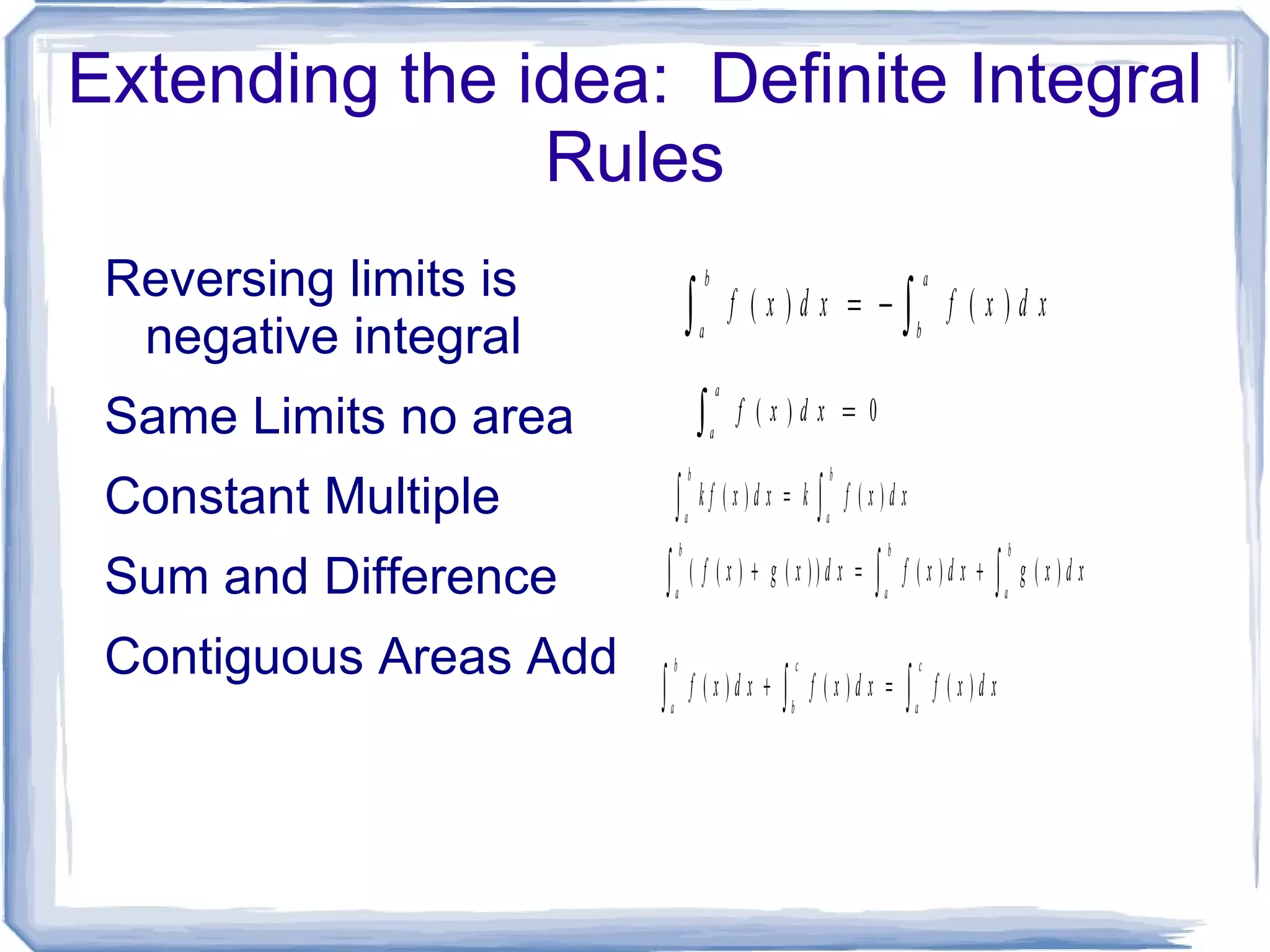 Extending the idea: Definite Integral Rules Reversing limits is negative integral