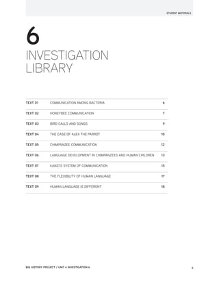 BIG HISTORY PROJECT / UNIT 6 INVESTIGATION 6	5
6
INVESTIGATION
LIBRARY
TEXT 01	 COMMUNICATION AMONG BACTERIA	6
TEXT 02	 HONEYBEE COMMUNICATION	7
TEXT 03	 BIRD CALLS AND SONGS	9
TEXT 04	 THE CASE OF ALEX THE PARROT	10
TEXT 05	 CHIMPANZEE COMMUNICATION	12
TEXT 06	 LANGUAGE DEVELOPMENT IN CHIMPANZEES AND HUMAN CHILDREN	13
TEXT 07	 KANZI’S SYSTEM OF COMMUNICATION	15
TEXT 08	 THE FLEXIBILITY OF HUMAN LANGUAGE	17
TEXT 09	 HUMAN LANGUAGE IS DIFFERENT	18
STUDENT MATERIALS
 