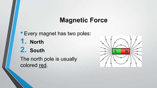 Magnetic Force
•Every magnet has two poles:
1. North
2. South
The north pole is usually
colored red.
 