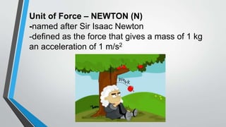 Unit of Force – NEWTON (N)
-named after Sir Isaac Newton
-defined as the force that gives a mass of 1 kg
an acceleration of 1 m/s2
 