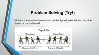 Problem Solving (Try!)
• What is the resultant force based on the figure? Who will win, the blue
team, or the red team?
 
