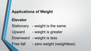 Applications of Weight
Elevator
Stationary - weight is the same
Upward - weight is greater
Downward - weight is less
Free fall - zero weight (weightless)
 