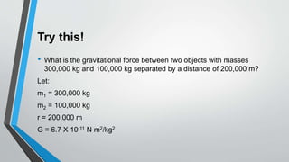 Try this!
• What is the gravitational force between two objects with masses
300,000 kg and 100,000 kg separated by a distance of 200,000 m?
Let:
m1 = 300,000 kg
m2 = 100,000 kg
r = 200,000 m
G = 6.7 X 10-11 N⋅m2/kg2
 