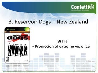  Use of the Star of David7. The Guy Game – United StatesWTF? Use of underage Cheerleader6. Mercenaries: Playground of Destruction – South KoreaWTF? Fictional representation of war5. Command & Conquer: Generals – ChinaWTF? Offence to national history