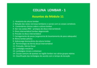 Assuntos do Módulo 11
COLUNA LOMBAR - 1
1.- Anatomia da coluna lombar
2- Relação das raízes nervosas lombares e sacrais com os corpos vertebrais
3- Comentários clínicos sobre a coluna lombar
4- Dor nas costas (PDI – prolapso de disco intervertebral)
5- Disco intervertebral lombar degenerado
6- Pressão no disco intervertebral
7- Carregamento de pesos (ergonomia de levantamento de peso adequado)
8- Ritmo lombo-pélvico
9- Sobrecarga biomecânica da coluna lombar
10- Terminologia da hérnia discal intervertebral
11- Protusão, Hérnia Discal
12- Lombalgia mecânica
13- Lombalgias (sinais e sintomas)
14- Causas comuns de queixas na região lombar nos vários grupos etários
15- Classificação das lombalgias de acordo com o tempo de duração
 