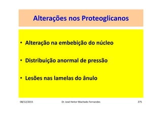 08/12/2015 Dr. José Heitor Machado Fernandes 275
Alterações nos Proteoglicanos
• Alteração na embebição do núcleo
• Distribuição anormal de pressão
• Lesões nas lamelas do ânulo
 