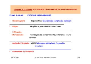 08/12/2015 Dr. José Heitor Machado Fernandes 399
EXAMES AUXILIARES NO DIAGNÓSTICO DIFERENCIAL DAS LOMBALGIAS
EXAME AUXILIAR ETIOLOGIA DAS LOMBALGIAS
• Eletromiografia Degenerativas (síndrome de compressão radicular)
________________________________________________________
• Biópsia Neoplásicas, metabólicas e infecciosas
_______________________________________________________________
• Infiltrações
interfacetárias Lombalgias do compartimento posterior da coluna
vertebral
_______________________________________________________________
• Avaliação Psicológica MMPI (Minnesota Multiphasic Personality
Inventory)
_______________________________________________________________
• Exame Retal e / ou Pélvico
 