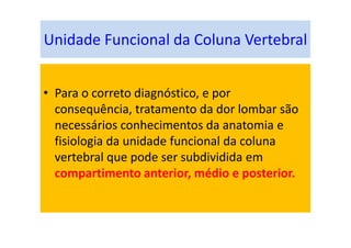 Unidade Funcional da Coluna Vertebral
• Para o correto diagnóstico, e por
consequência, tratamento da dor lombar são
necessários conhecimentos da anatomia e
fisiologia da unidade funcional da coluna
vertebral que pode ser subdividida em
compartimento anterior, médio e posterior.
 