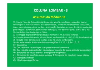 Assuntos do Módulo 11
COLUNA LOMBAR - 3
31- Exame Físico da Coluna Lombar (Inspeção, Marcha,mobilidade, palpação, exame
neurológico – avaliação motora e da sensibilidade, testes dos reflexos sinais radiculares,
testes especiais para coluna lombar – arborização das raízes nervosas do ciático recobertas
pelo estojo da duramater, dermátomos de Keegan, arco doloroso para a ciática 35° a 70°)
32- Lombalgia, Lombociatalgia e Ciática
33- Formação do plexo lombar (raízes que formam os nn. ciático e femoral)
34- Características clínicas das hérnias discais lombares (L3-L4; L4-L5; L5-S1; Cauda equina)
35- Relação entre parestesias e nível da lesão na coluna lombossacra
36- dor relacionada à raiz envolvida nas regiões: L1, L2, L3, L4, L5 , S1
37- Coccidinia
38- Dor radicular causada por compressão de raiz nervosa
39- Dor referida, não radicular, causada por doença da faceta articular ou do disco
40- Síndrome da cauda equina- emergência ortopédica!
41- Síndrome do neurônio motor superior & Síndrome do neurônio motor inferior
42- Mielopatia lombar
43- Síndrome do piriforme
 