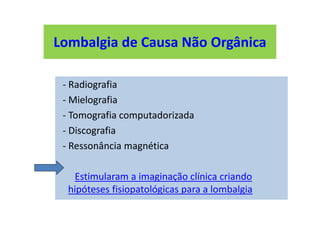 Lombalgia de Causa Não Orgânica
- Radiografia
- Mielografia
- Tomografia computadorizada
- Discografia
- Ressonância magnética
Estimularam a imaginação clínica criando
hipóteses fisiopatológicas para a lombalgia
Lombalgia de Causa Não Orgânica
 