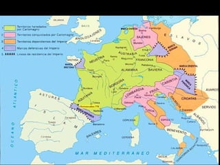 Després d'una breu ocupació, els musulmans van ser expulsats
Després d'una breu ocupació, els musulmans van ser expulsats
d'una part de les actuals terres catalanes pels francs, que hi van
d'una part de les actuals terres catalanes pels francs, que hi van
constituir la Marca Hispànica, s. VIII.
constituir la Marca Hispànica, s. VIII.
 