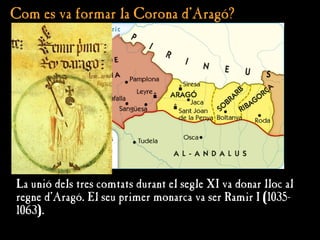Com es va formar la Corona d'Aragó?
Com es va formar la Corona d'Aragó?
La unió dels tres comtats durant el segle XI va donar lloc al
regne d'Aragó. El seu primer monarca va ser Ramir I (1035-
1063).
 