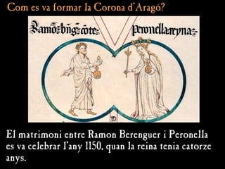 Com es va formar la Corona d'Aragó?
Com es va formar la Corona d'Aragó?
El matrimoni entre Ramon Berenguer i Peronella
es va celebrar l'any 1150, quan la reina tenia catorze
anys.
 