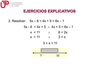 2. Resolver: 5x – 6 < 4x + 5 < 6x – 1
5x - 6 < 4x + 5  4x + 5 < 6x – 1
x < 11  6 < 2x
x < 11  3 < x
3 < x < 11
 