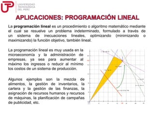La programación lineal es un procedimiento o algoritmo matemático mediante
el cual se resuelve un problema indeterminado, formulado a través de
un sistema de inecuaciones lineales, optimizando (minimizando o
maximizando) la función objetivo, también lineal.
La programación lineal es muy usada en la
microeconomía y la administración de
empresas, ya sea para aumentar al
máximo los ingresos o reducir al mínimo
los costos de un sistema de producción.
Algunos ejemplos son la mezcla de
alimentos, la gestión de inventarios, la
cartera y la gestión de las finanzas, la
asignación de recursos humanos y recursos
de máquinas, la planificación de campañas
de publicidad, etc.
 