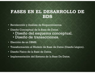 FASES EN EL DESARROLLO DE
BDS
• Recolección y Análisis de Requerimientos.
• Diseño Conceptual de la Base de Datos.
• Diseño del esquema conceptual.
• Diseño de transacciones.
• Elección de un DBMS.
• Transformación al Modelo de Base de Datos (Diseño Lógico).
• Diseño Físico de la Base de Datos.
• Implementación del Sistema de la Base De Datos.
 