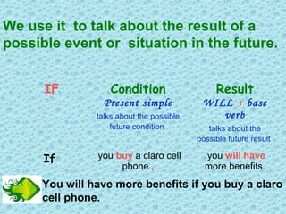 We use it to talk about the result of a
possible event or situation in the future.
IF Condition Result
Present simple
talks about the possible
future condition
WILL + base
verb
talks about the
possible future result
If you buy a claro cell
phone ,
you will have
more benefits.
You will have more benefits if you buy a claro
cell phone.
 