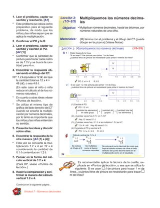 1. Leer el problema, captar su
   sentido y resolverlo. [A1]
                                        Lección 2:    Multipliquemos los números decima-
                                          (1/5~2/5)   les
* Este problema se coloca como
   preparativo para el siguiente         Objetivo: • Multiplicar números decimales, hasta las décimas, por
   problema, de modo que los                          números naturales de una cifra.
   niños y las niñas sepan que se
   aplica la multiplicación.
                                        Materiales:   (M) lámina con el problema y el dibujo del CT (puede
2. Conﬁrmar el PO y la R.                             dibujar en la pizarra) (Véase Notas)
3. Leer el problema, captar su
   sentido y escribir el PO.
   [A2 (1)]
* Conﬁrmar que la cantidad de
   pintura para trazar cada metro
   es de 1.2 l y se busca la can-
   tidad para 4 m.
4. Encontrar la respuesta ob-
   servando el dibujo del CT.
RP: 1.2 l equivale a 12 dl, así que
   la cantidad total es 12 x 4 =
   48 (dl), o sea 4.8 l.
   (En este caso el niño o niña
   reduce el cálculo al de los nú-
   meros naturales.)
* En cuanto a otras ideas véase
   «Puntos de lección».
* Se utiliza el mismo tipo de
   gráﬁca del lado derecho del CT
   cuando se enseñe la multipli-
   cación por números decimales,
   por lo tanto es importante que
   los niños y las niñas entiendan
   su sentido.
5. Presentar las ideas y discutir
   sobre ellas.
6. Encontrar la respuesta de la
   otra manera. [A2 (1) a (4)]
* Esta vez se convierte la mul-
   tiplicación 1.2 x 4 en 12 x 4
   considerando la cantidad de
   0.1 l contenidos en 1.2 l.
7. Pensar en la forma del cál-
   culo vertical de 1.2 x 4.
                                                     Es recomendable aplicar la técnica de la casilla, ex-
   (Para RP, véase «Puntos de                        plicada en «Puntos de lección»; o sea que se utiliza lo
   lección».)                                     siguiente: Si se usan      l de pintura para trazar 1 m de
8. Hacer la comparación y con-                línea, ¿cuántos litros de pintura se necesitarán para trazar
   ﬁrmar la manera del cálculo                m de línea?
   vertical 1.2 x 4.

   Continúa en la siguiente página...

 96       Unidad 7 - Números decimales
 