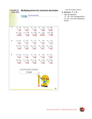 ...viene de la página anterior.
Lección 2:    Multipliquemos los números decimales
  (4/5~5/5)                                               6. Resolver        a    .
                                                          * Tipo de ejercicios:
                     [Continuación]
                                                                 ,    y     Corresponden a
                                                             (1), (2) y (3) de E respectiva-
                                                             mente.




                                      Guía para maestros - Matemáticas 5o grado                99
 