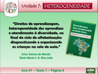 Unidade 7: HETEROGENEIDADE

“Direitos de aprendizagem,
heterogeneidade dos aprendizes
e atendimento à diversidade, no
final do ciclo de alfabetização:
diagnosticando e organizando
as crianças na sala de aula.”
Artur Gomes de Morais
Tânia Maria S. B. Rios Leite

Ano 01 – Texto 1 – Página 6

 