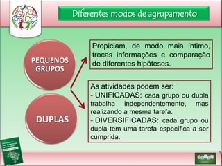 Diferentes modos de agrupamento

PEQUENOS
GRUPOS

Propiciam, de modo mais íntimo,
trocas informações e comparação
de diferentes hipóteses.
As atividades podem ser:
- UNIFICADAS: cada grupo ou dupla

DUPLAS

trabalha independentemente, mas
realizando a mesma tarefa.
- DIVERSIFICADAS: cada grupo ou
dupla tem uma tarefa específica a ser
cumprida.

 