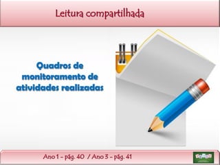 Leitura compartilhada

Quadros de
monitoramento de
atividades realizadas

Ano 1 - pág. 40 / Ano 3 - pág. 41

 