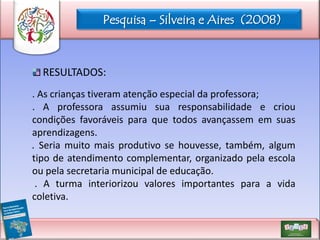 Pesquisa – Silveira e Aires (2008)

RESULTADOS:
. As crianças tiveram atenção especial da professora;
. A professora assumiu sua responsabilidade e criou
condições favoráveis para que todos avançassem em suas
aprendizagens.
. Seria muito mais produtivo se houvesse, também, algum
tipo de atendimento complementar, organizado pela escola
ou pela secretaria municipal de educação.
. A turma interiorizou valores importantes para a vida
coletiva.

 