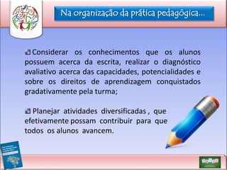 Na organização da prática pedagógica...

Considerar os conhecimentos que os alunos
possuem acerca da escrita, realizar o diagnóstico
avaliativo acerca das capacidades, potencialidades e
sobre os direitos de aprendizagem conquistados
gradativamente pela turma;
Planejar atividades diversificadas , que
efetivamente possam contribuir para que
todos os alunos avancem.

 
