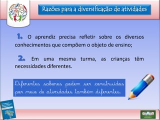 Razões para a diversificação de atividades

1.

O aprendiz precisa refletir sobre os diversos
conhecimentos que compõem o objeto de ensino;

2.

Em uma mesma turma, as crianças têm
necessidades diferentes.

Diferentes saberes podem ser construídos
por meio de atividades também diferentes.

 