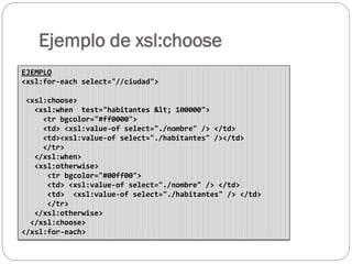 Ejemplo de xsl:choose
EJEMPLO
<xsl:for-each select="//ciudad">
<xsl:choose>
<xsl:when test="habitantes &lt; 100000">
<tr b...