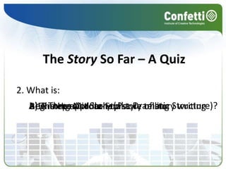 Aims & ObjectivesAims:Students will play with dialogue and languageObjectives:All students will be able to identify 3 elements of dialogue in scriptsMost students will be able to identify 3 elements of dialogue in scripts and explain how they will use 1 of them in their assignmentSome students will be able to identify 3 elements of dialogue in scripts and explain how they will use 2 of them in their assignment