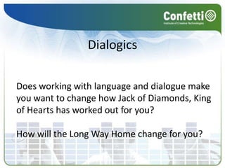 Dialogics – The Study of DialogueWhen authors and scriptwriters write dialogue, they must find a happy balance between what they want to say and what the consumer wants.What about characterisation and emotion? 