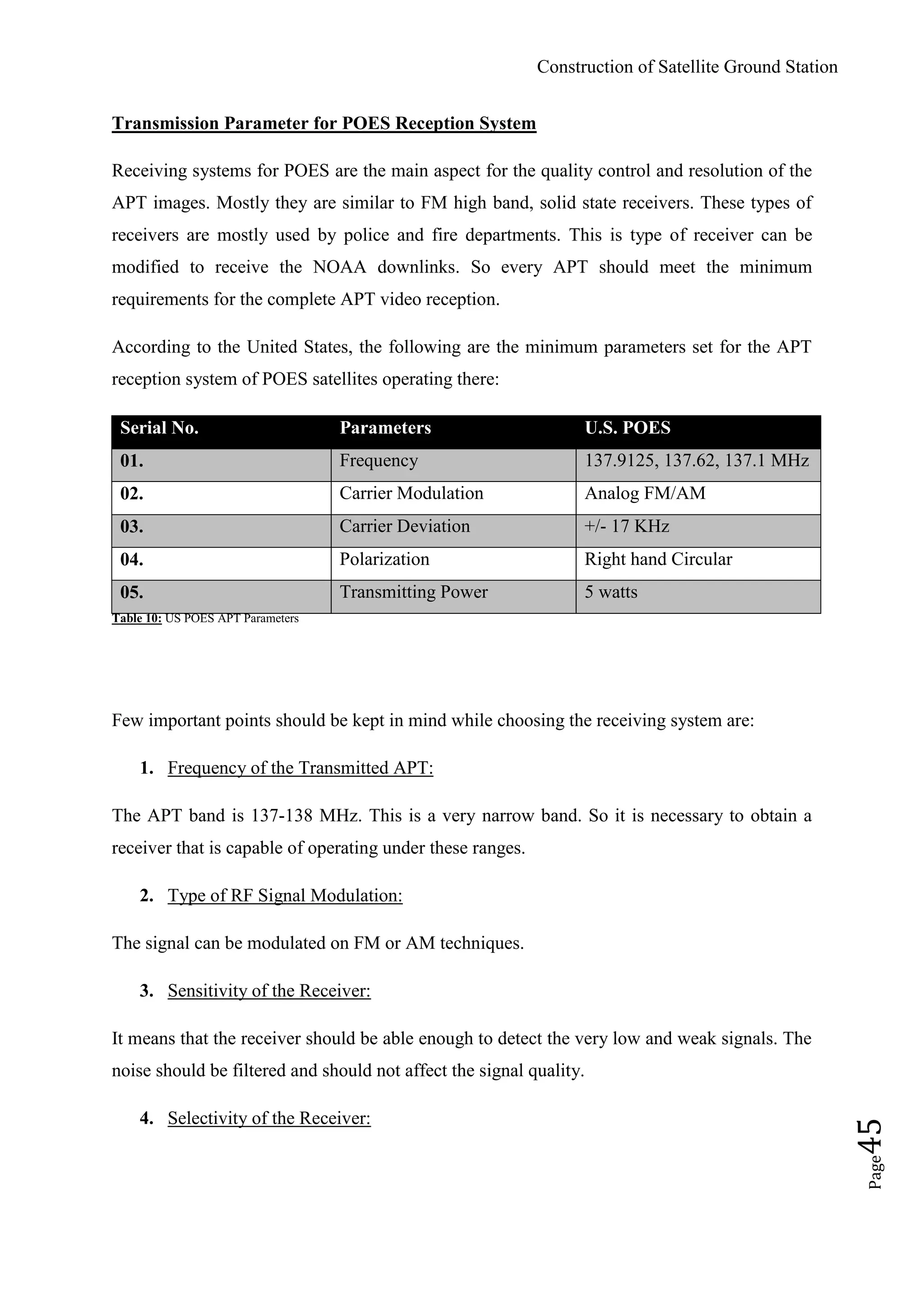 Construction of Satellite Ground Station
Page45
Transmission Parameter for POES Reception System
Receiving systems for POES are the main aspect for the quality control and resolution of the
APT images. Mostly they are similar to FM high band, solid state receivers. These types of
receivers are mostly used by police and fire departments. This is type of receiver can be
modified to receive the NOAA downlinks. So every APT should meet the minimum
requirements for the complete APT video reception.
According to the United States, the following are the minimum parameters set for the APT
reception system of POES satellites operating there:
Serial No. Parameters U.S. POES
01. Frequency 137.9125, 137.62, 137.1 MHz
02. Carrier Modulation Analog FM/AM
03. Carrier Deviation +/- 17 KHz
04. Polarization Right hand Circular
05. Transmitting Power 5 watts
Table 10: US POES APT Parameters
Few important points should be kept in mind while choosing the receiving system are:
1. Frequency of the Transmitted APT:
The APT band is 137-138 MHz. This is a very narrow band. So it is necessary to obtain a
receiver that is capable of operating under these ranges.
2. Type of RF Signal Modulation:
The signal can be modulated on FM or AM techniques.
3. Sensitivity of the Receiver:
It means that the receiver should be able enough to detect the very low and weak signals. The
noise should be filtered and should not affect the signal quality.
4. Selectivity of the Receiver:
 