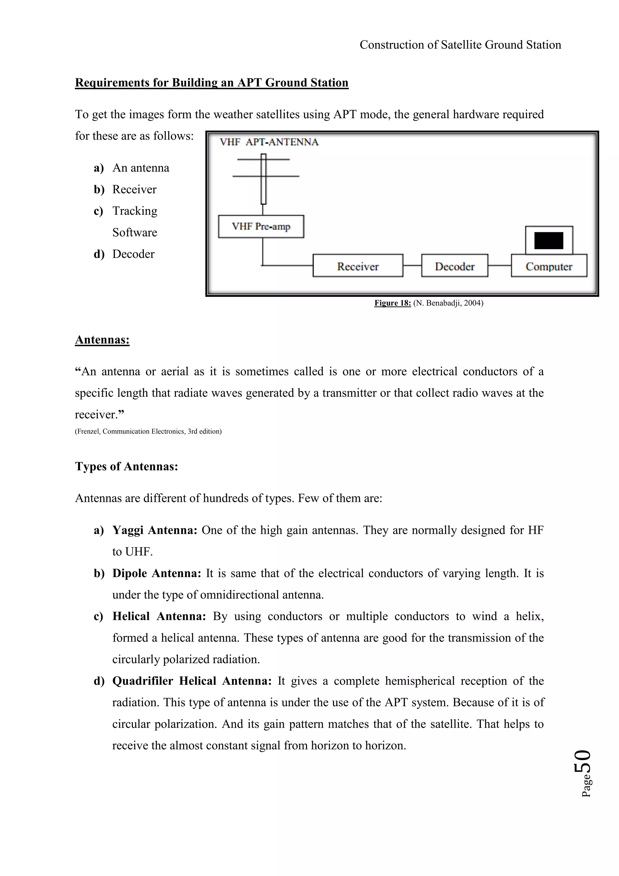 Construction of Satellite Ground Station
Page50
Requirements for Building an APT Ground Station
To get the images form the weather satellites using APT mode, the general hardware required
for these are as follows:
a) An antenna
b) Receiver
c) Tracking
Software
d) Decoder
Figure 18: (N. Benabadji, 2004)
Antennas:
“An antenna or aerial as it is sometimes called is one or more electrical conductors of a
specific length that radiate waves generated by a transmitter or that collect radio waves at the
receiver.”
(Frenzel, Communication Electronics, 3rd edition)
Types of Antennas:
Antennas are different of hundreds of types. Few of them are:
a) Yaggi Antenna: One of the high gain antennas. They are normally designed for HF
to UHF.
b) Dipole Antenna: It is same that of the electrical conductors of varying length. It is
under the type of omnidirectional antenna.
c) Helical Antenna: By using conductors or multiple conductors to wind a helix,
formed a helical antenna. These types of antenna are good for the transmission of the
circularly polarized radiation.
d) Quadrifiler Helical Antenna: It gives a complete hemispherical reception of the
radiation. This type of antenna is under the use of the APT system. Because of it is of
circular polarization. And its gain pattern matches that of the satellite. That helps to
receive the almost constant signal from horizon to horizon.
 