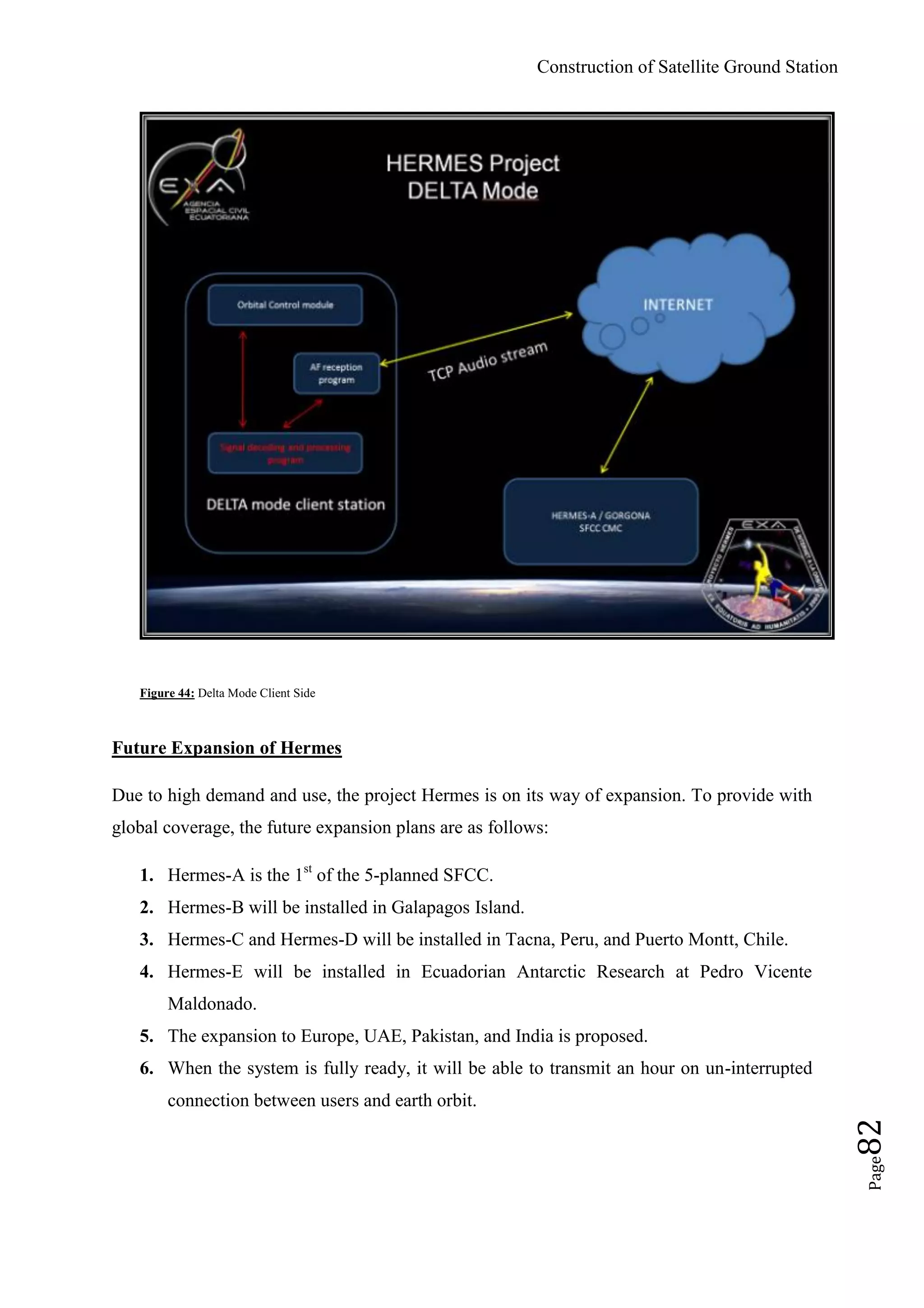 Construction of Satellite Ground Station
Page82
Figure 44: Delta Mode Client Side
Future Expansion of Hermes
Due to high demand and use, the project Hermes is on its way of expansion. To provide with
global coverage, the future expansion plans are as follows:
1. Hermes-A is the 1st
of the 5-planned SFCC.
2. Hermes-B will be installed in Galapagos Island.
3. Hermes-C and Hermes-D will be installed in Tacna, Peru, and Puerto Montt, Chile.
4. Hermes-E will be installed in Ecuadorian Antarctic Research at Pedro Vicente
Maldonado.
5. The expansion to Europe, UAE, Pakistan, and India is proposed.
6. When the system is fully ready, it will be able to transmit an hour on un-interrupted
connection between users and earth orbit.
 