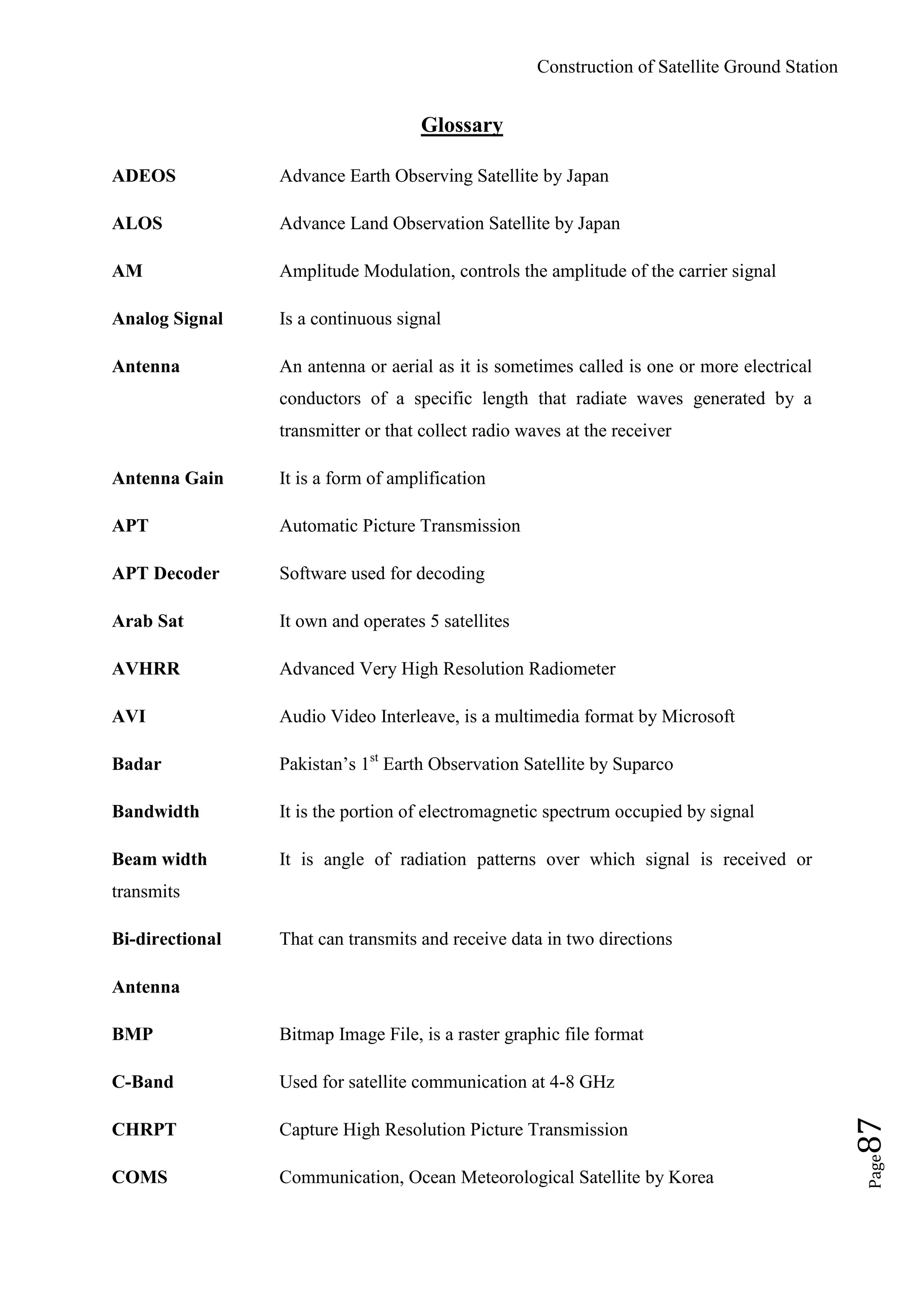 Construction of Satellite Ground Station
Page87
Glossary
ADEOS Advance Earth Observing Satellite by Japan
ALOS Advance Land Observation Satellite by Japan
AM Amplitude Modulation, controls the amplitude of the carrier signal
Analog Signal Is a continuous signal
Antenna An antenna or aerial as it is sometimes called is one or more electrical
conductors of a specific length that radiate waves generated by a
transmitter or that collect radio waves at the receiver
Antenna Gain It is a form of amplification
APT Automatic Picture Transmission
APT Decoder Software used for decoding
Arab Sat It own and operates 5 satellites
AVHRR Advanced Very High Resolution Radiometer
AVI Audio Video Interleave, is a multimedia format by Microsoft
Badar Pakistan‟s 1st
Earth Observation Satellite by Suparco
Bandwidth It is the portion of electromagnetic spectrum occupied by signal
Beam width It is angle of radiation patterns over which signal is received or
transmits
Bi-directional That can transmits and receive data in two directions
Antenna
BMP Bitmap Image File, is a raster graphic file format
C-Band Used for satellite communication at 4-8 GHz
CHRPT Capture High Resolution Picture Transmission
COMS Communication, Ocean Meteorological Satellite by Korea
 