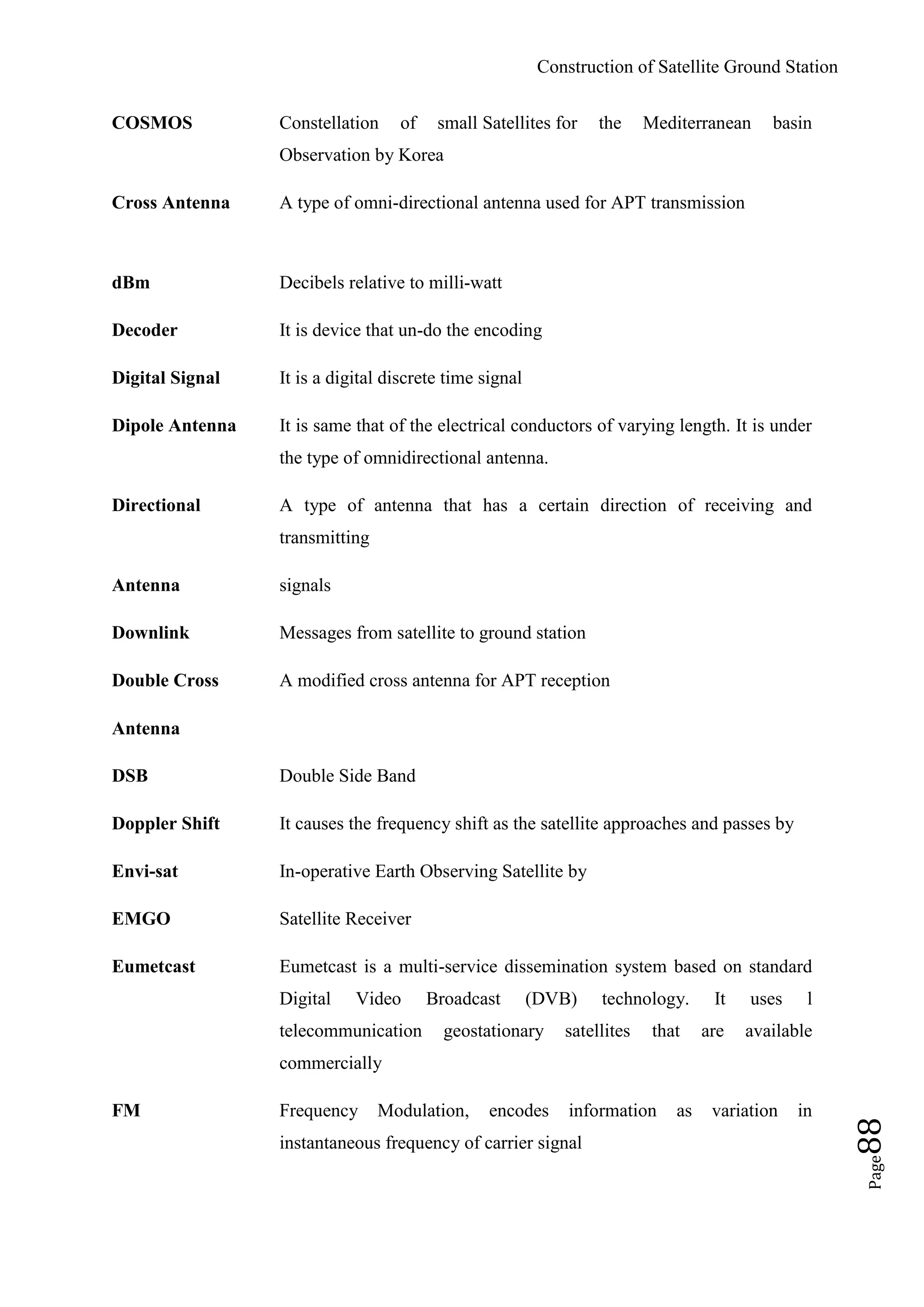 Construction of Satellite Ground Station
Page88
COSMOS Constellation of small Satellites for the Mediterranean basin
Observation by Korea
Cross Antenna A type of omni-directional antenna used for APT transmission
dBm Decibels relative to milli-watt
Decoder It is device that un-do the encoding
Digital Signal It is a digital discrete time signal
Dipole Antenna It is same that of the electrical conductors of varying length. It is under
the type of omnidirectional antenna.
Directional A type of antenna that has a certain direction of receiving and
transmitting
Antenna signals
Downlink Messages from satellite to ground station
Double Cross A modified cross antenna for APT reception
Antenna
DSB Double Side Band
Doppler Shift It causes the frequency shift as the satellite approaches and passes by
Envi-sat In-operative Earth Observing Satellite by
EMGO Satellite Receiver
Eumetcast Eumetcast is a multi-service dissemination system based on standard
Digital Video Broadcast (DVB) technology. It uses l
telecommunication geostationary satellites that are available
commercially
FM Frequency Modulation, encodes information as variation in
instantaneous frequency of carrier signal
 