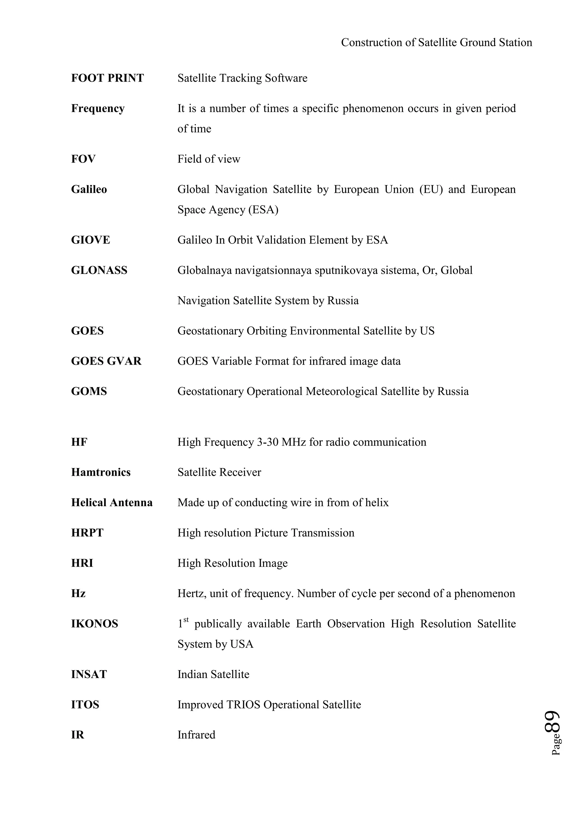 Construction of Satellite Ground Station
Page89
FOOT PRINT Satellite Tracking Software
Frequency It is a number of times a specific phenomenon occurs in given period
of time
FOV Field of view
Galileo Global Navigation Satellite by European Union (EU) and European
Space Agency (ESA)
GIOVE Galileo In Orbit Validation Element by ESA
GLONASS Globalnaya navigatsionnaya sputnikovaya sistema, Or, Global
Navigation Satellite System by Russia
GOES Geostationary Orbiting Environmental Satellite by US
GOES GVAR GOES Variable Format for infrared image data
GOMS Geostationary Operational Meteorological Satellite by Russia
HF High Frequency 3-30 MHz for radio communication
Hamtronics Satellite Receiver
Helical Antenna Made up of conducting wire in from of helix
HRPT High resolution Picture Transmission
HRI High Resolution Image
Hz Hertz, unit of frequency. Number of cycle per second of a phenomenon
IKONOS 1st
publically available Earth Observation High Resolution Satellite
System by USA
INSAT Indian Satellite
ITOS Improved TRIOS Operational Satellite
IR Infrared
 