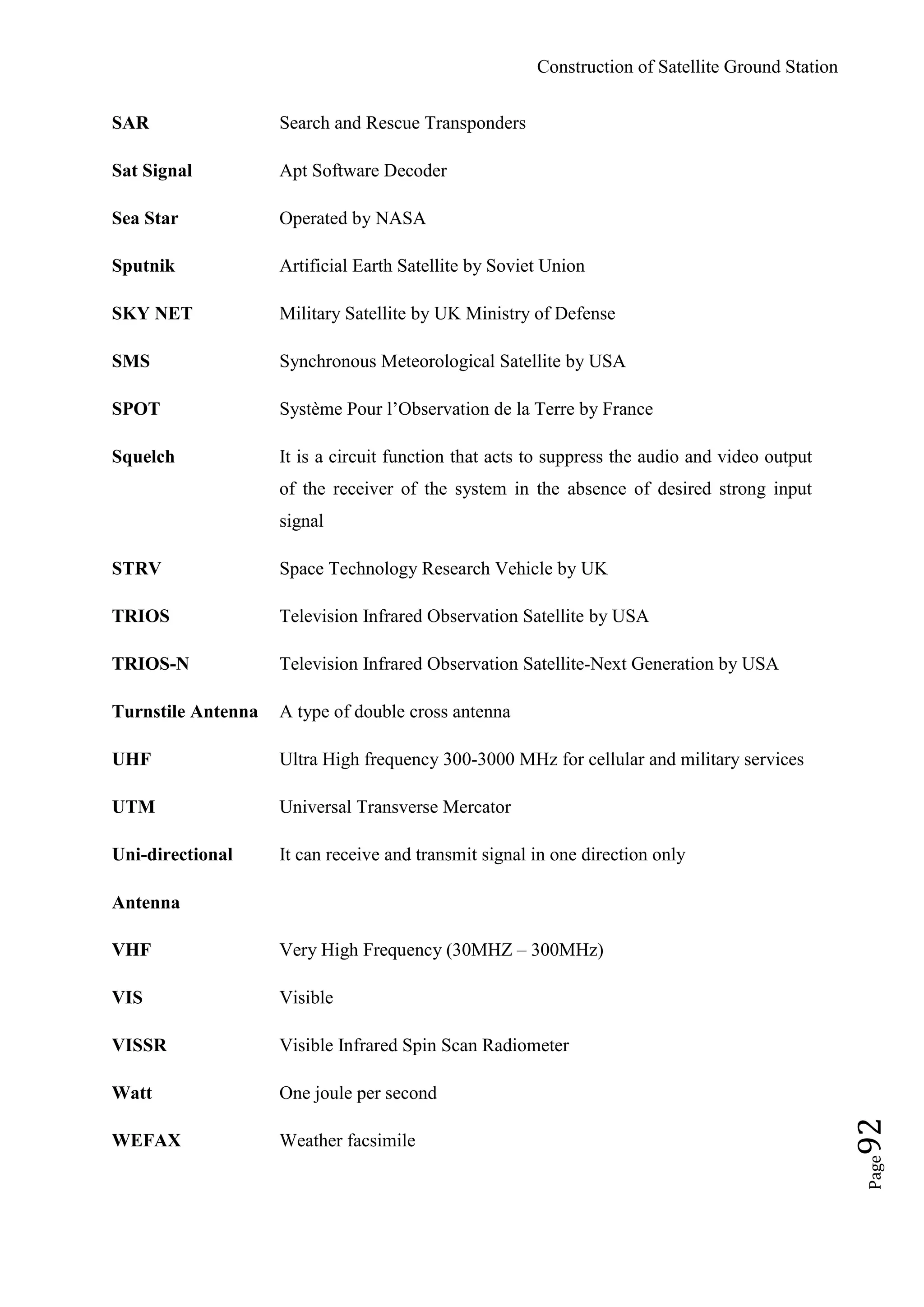 Construction of Satellite Ground Station
Page92
SAR Search and Rescue Transponders
Sat Signal Apt Software Decoder
Sea Star Operated by NASA
Sputnik Artificial Earth Satellite by Soviet Union
SKY NET Military Satellite by UK Ministry of Defense
SMS Synchronous Meteorological Satellite by USA
SPOT Système Pour l‟Observation de la Terre by France
Squelch It is a circuit function that acts to suppress the audio and video output
of the receiver of the system in the absence of desired strong input
signal
STRV Space Technology Research Vehicle by UK
TRIOS Television Infrared Observation Satellite by USA
TRIOS-N Television Infrared Observation Satellite-Next Generation by USA
Turnstile Antenna A type of double cross antenna
UHF Ultra High frequency 300-3000 MHz for cellular and military services
UTM Universal Transverse Mercator
Uni-directional It can receive and transmit signal in one direction only
Antenna
VHF Very High Frequency (30MHZ – 300MHz)
VIS Visible
VISSR Visible Infrared Spin Scan Radiometer
Watt One joule per second
WEFAX Weather facsimile
 