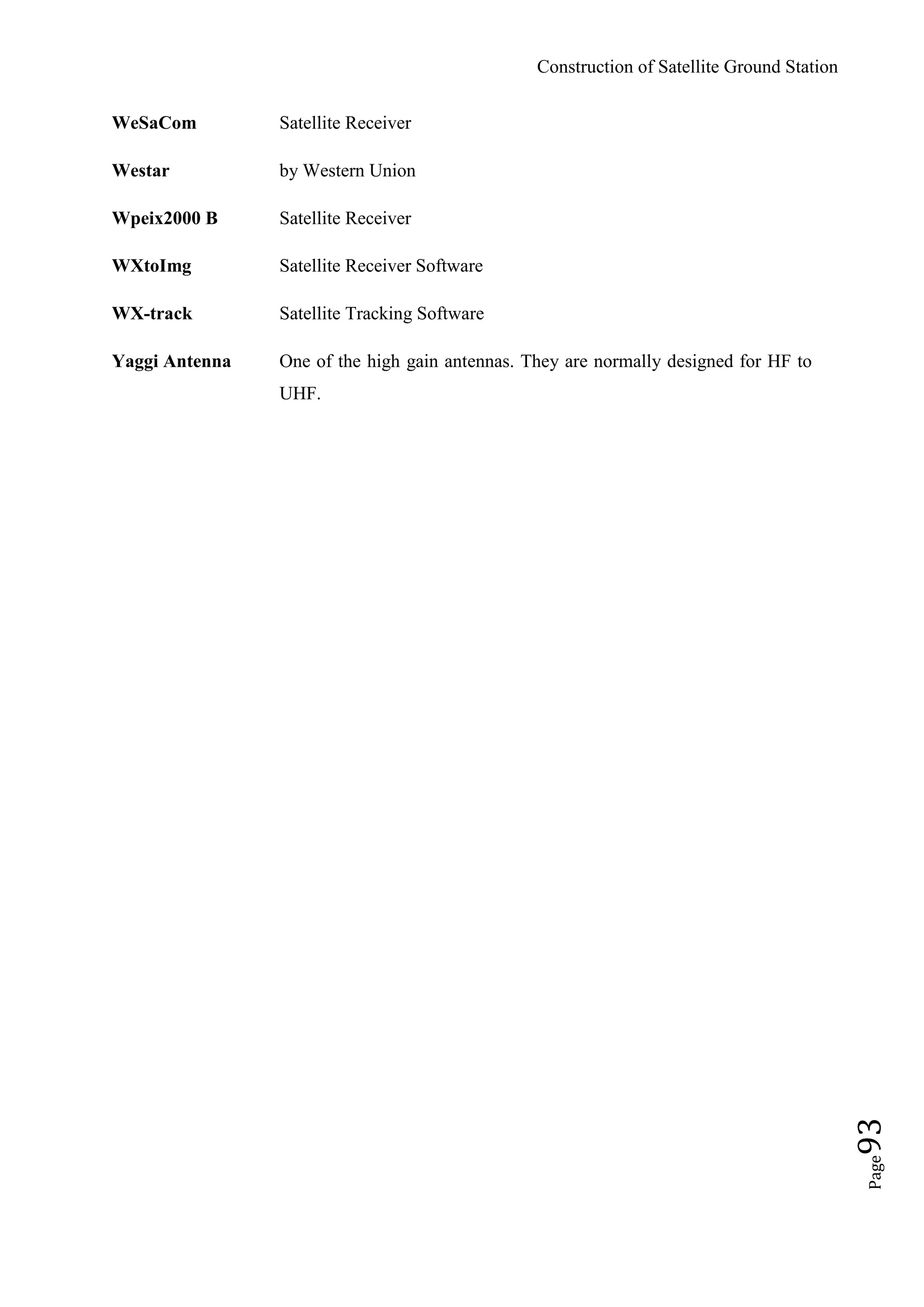 Construction of Satellite Ground Station
Page93
WeSaCom Satellite Receiver
Westar by Western Union
Wpeix2000 B Satellite Receiver
WXtoImg Satellite Receiver Software
WX-track Satellite Tracking Software
Yaggi Antenna One of the high gain antennas. They are normally designed for HF to
UHF.
 