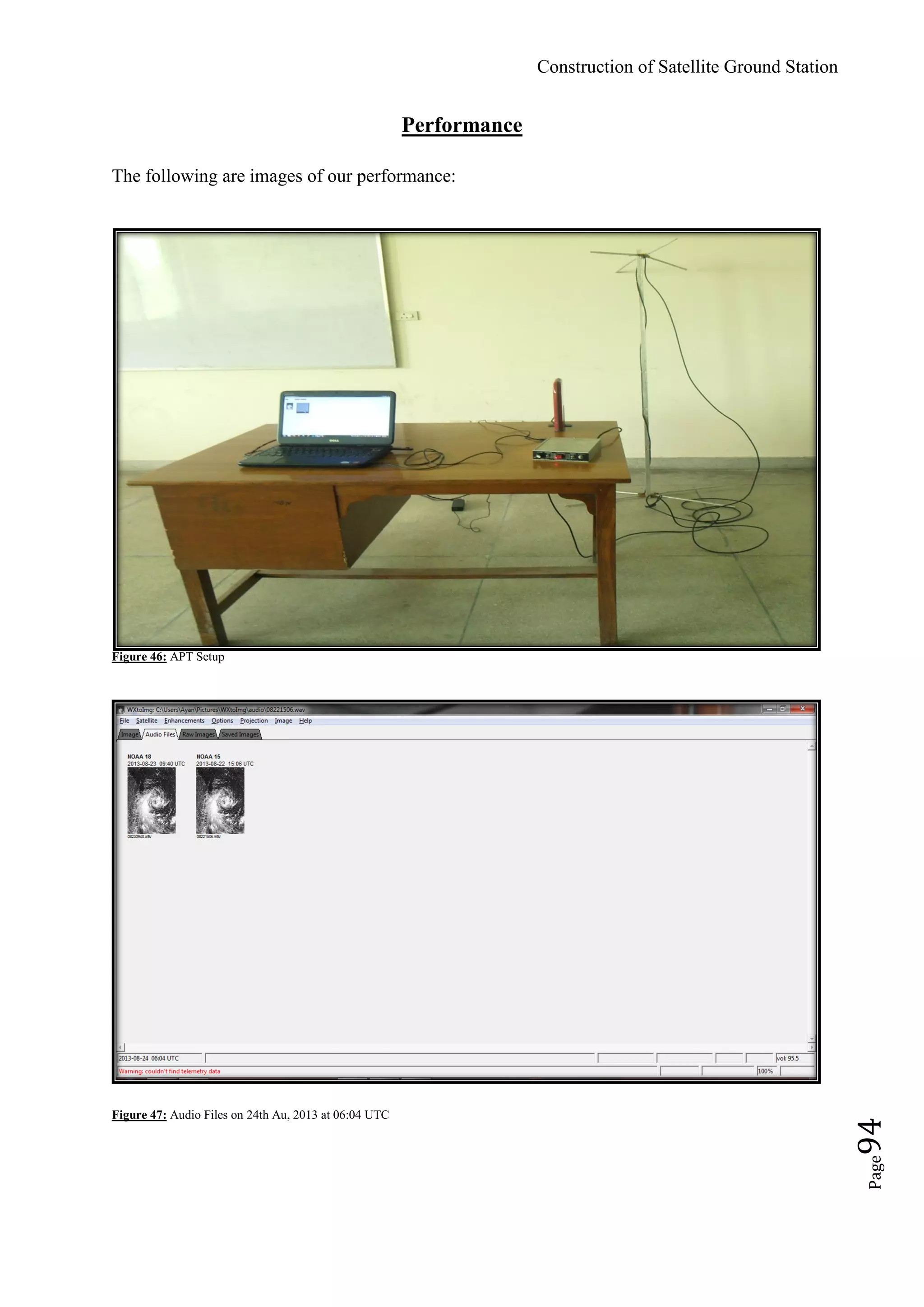 Construction of Satellite Ground Station
Page94
Performance
The following are images of our performance:
Figure 46: APT Setup
Figure 47: Audio Files on 24th Au, 2013 at 06:04 UTC
 