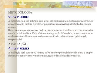 METODOLOGIA 1ª A 4ª SÉRIES A metodologia a ser utilizada com essas séries iniciais será voltada para exercícios de coordenação motora e posterior praticidade das atividades trabalhadas em sala  de aula.  Haverá um momento teórico, onde serão expostos os trabalhos a serem executados na sala de informática. Cada série com seu grau de dificuldade, sempre motivando os alunos a trabalharem dentro da sua capacidade, colocando em prática todo  seu potencial. AVALIAÇÃO 1ª A 4ª SÉRIES A avaliação será constante, sempre trabalhando o potencial de cada aluno e propor- cionando o seu desenvolvimento na execução das atividades propostas. 