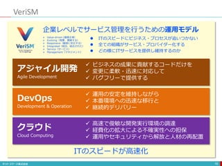 ITのスピードが高速化
 ITのスピードにビジネス・プロセスが追いつかない
 全ての組織がサービス・プロバイダー化する
 どの様にITサービスを提供し維持するのか
 Value-driven (価値主導）
 Evolving（発展、展開する）
 Responsive（敏感に反応する）
 Integrated（統合、結合された）
 Service（サービス）
 Management（マネジメント）
企業レベルでサービス管理を行うための運用モデル
VeriSM
19
アジャイル開発
Agile Development
 ビジネスの成果に貢献するコードだけを
 変更に柔軟・迅速に対応して
 バグフリーで提供する
DevOps
Development & Operation
 運用の安定を維持しながら
 本番環境への迅速な移行と
 継続的デリバリー
クラウド
Cloud Computing
 高速で俊敏な開発実行環境の調達
 経費化の拡大による不確実性への担保
 運用やセキュリティから解放と人材の再配置
 
