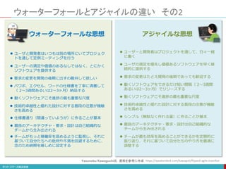 ウォーターフォールとアジャイルの違い その2
 ユーザーと開発者はプロジェクトを通して、日々一緒
に働く
 ユーザの満足を優先し価値あるソフトウェアを早く継
続的に提供する
 要求の変更はたとえ開発の後期であっても歓迎する
 動くソフトウェアをできるだけ短い間隔（ 2～3週間
あるいは2～3ヶ月）でリリースする
 動くソフトウェアこそ進捗の最も重要な尺度
 技術的卓越性と優れた設計に対する普段の注意が機敏
さを高める
 シンプル（無駄なく作れる量）に作ることが基本
 最良のアーキテクチャ・要求・設計は自己組織的な
チームから生み出される
 チームが最も効率を高めることができるかを定期的に
振り返り、それに基づいて自分たちのやり方を最適に
調整する
アジャイルな思想
 ユーザと開発者はいつもは別の場所にいてプロジェク
トを通して定例ミーティングを行う
 ユーザーの満足や価値のあるなしではなく、とにかく
ソフトウェアを提供する
 要求の変更を開発の後期に出すの勘弁して欲しい
 パワポ、エクセル、ワードの仕様書を丁寧に清書して
（ 2～3週間あるいは2～3ヶ月）納品する
 動くソフトウェアこそ進捗の最も重要な尺度
 技術的卓越性と優れた設計に対する普段の注意が機敏
さを高める
 仕様書通り（間違っていようが）に作ることが基本
 最良のアーキテクチャ・要求・設計は自己組織的な
チームから生み出される
 チームがもっと稼働率を高めるように監視し、それに
基づいて自分たちへの批判や不満を回避するために、
念のため納期を厳しめに設定する
ウォーターフォールな思想
https://speakerdeck.com/kawaguti/flipped-agile-manifestYasunobu Kawaguchi氏 資料を参考に作成
 