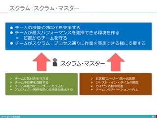 スクラム：スクラム・マスター
49
 チームの機能や効率化を支援する
 チームが最大パフォーマンスを発揮できる環境を作る
＝ 妨害からチームを守る
 チームがスクラム・プロセス通りに作業を実施できる様に支援する
 チームに気付きを与える
 チームの自律を支援する
 チームの能力をユーザーに売り込む
 プロジェクト関係者間の信頼感を醸成する
 お客様(ユーザー)第一の思想
 ジャスト・イン・タイムの徹底
 カイゼン活動の促進
 チームのモチベーションの向上
スクラム･マスター
 