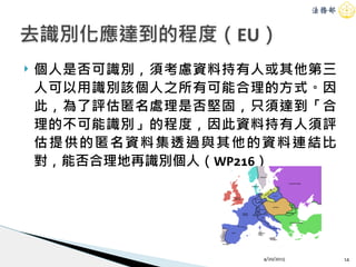 ! 個人是否可識別，須考慮資料持有人或其他第三
人可以用識別該個人之所有可能合理的方式。因
此，為了評估匿名處理是否堅固，只須達到「合
理的不可能識別」的程度，因此資料持有人須評
估提供的匿名資料集透過與其他的資料連結比
對，能否合理地再識別個人（WP216）
4/20/2015 14
去識別化應達到的程度（EU）
 