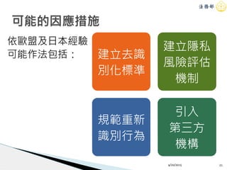 建立去識
別化標準
建立隱私
風險評估
機制
引入 
第三方 
機構
規範重新
識別行為
4/20/2015 21
可能的因應措施
依歐盟及日本經驗
可能作法包括：
 