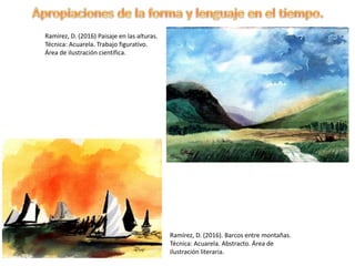 Ramírez, D. (2016) Paisaje en las alturas.
Técnica: Acuarela. Trabajo figurativo.
Área de ilustración científica.
Ramírez, D. (2016). Barcos entre montañas.
Técnica: Acuarela. Abstracto. Área de
ilustración literaria.
 
